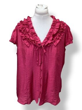 Millenium Women’s Cap Sleeve Button Down Ruffle Neck Shirt, Pink, size 2X